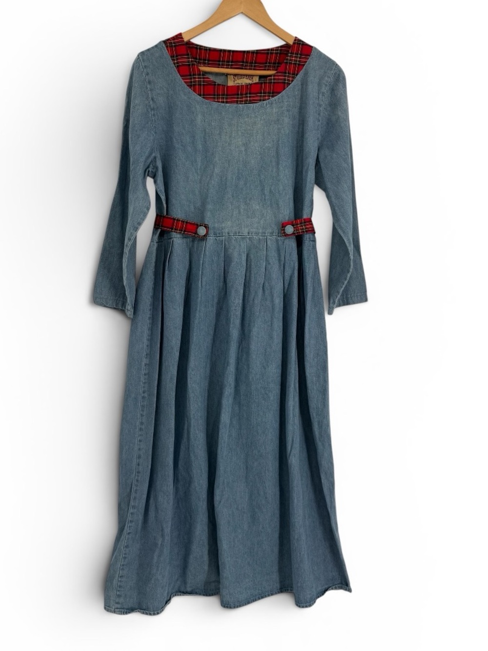 Vintage Studio Ease Denim Midi Dress Size 12 Plaid Trim Belted Cottagecore USA